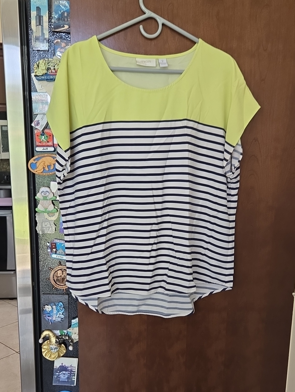 Chico's Neon Yellow & Navy Striped Scoop Neck Blouse